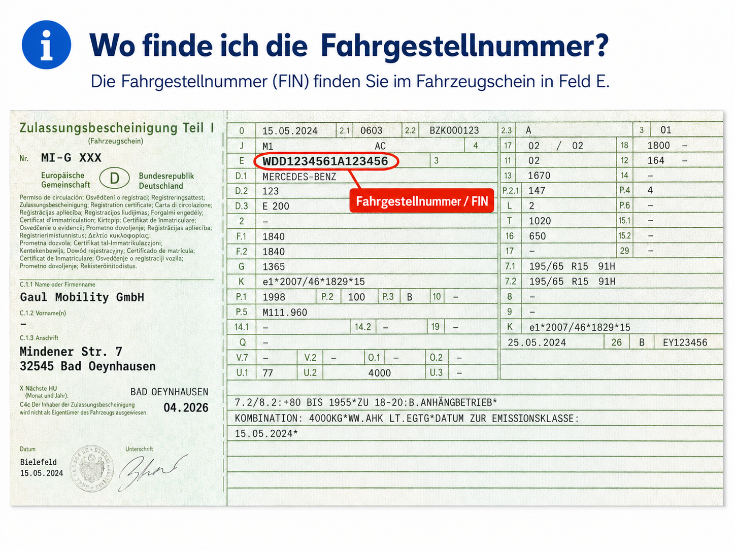 Hinweisgrafik, wo die Fahrgestellnummer im Fahrzeugschein in Feld E zu finden ist.